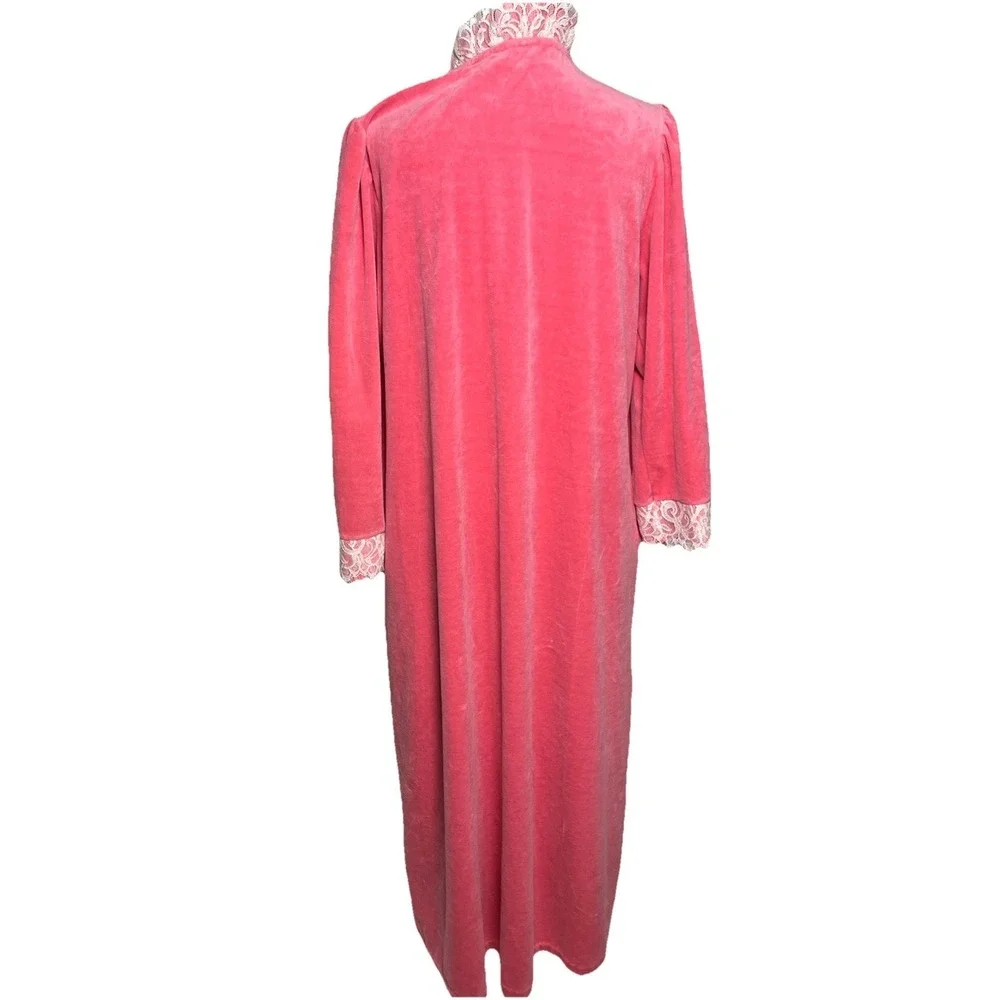 Vintage‎ Miss Elaine Pink Velour Housecoat Robe Lace Trim Womens Size L USA